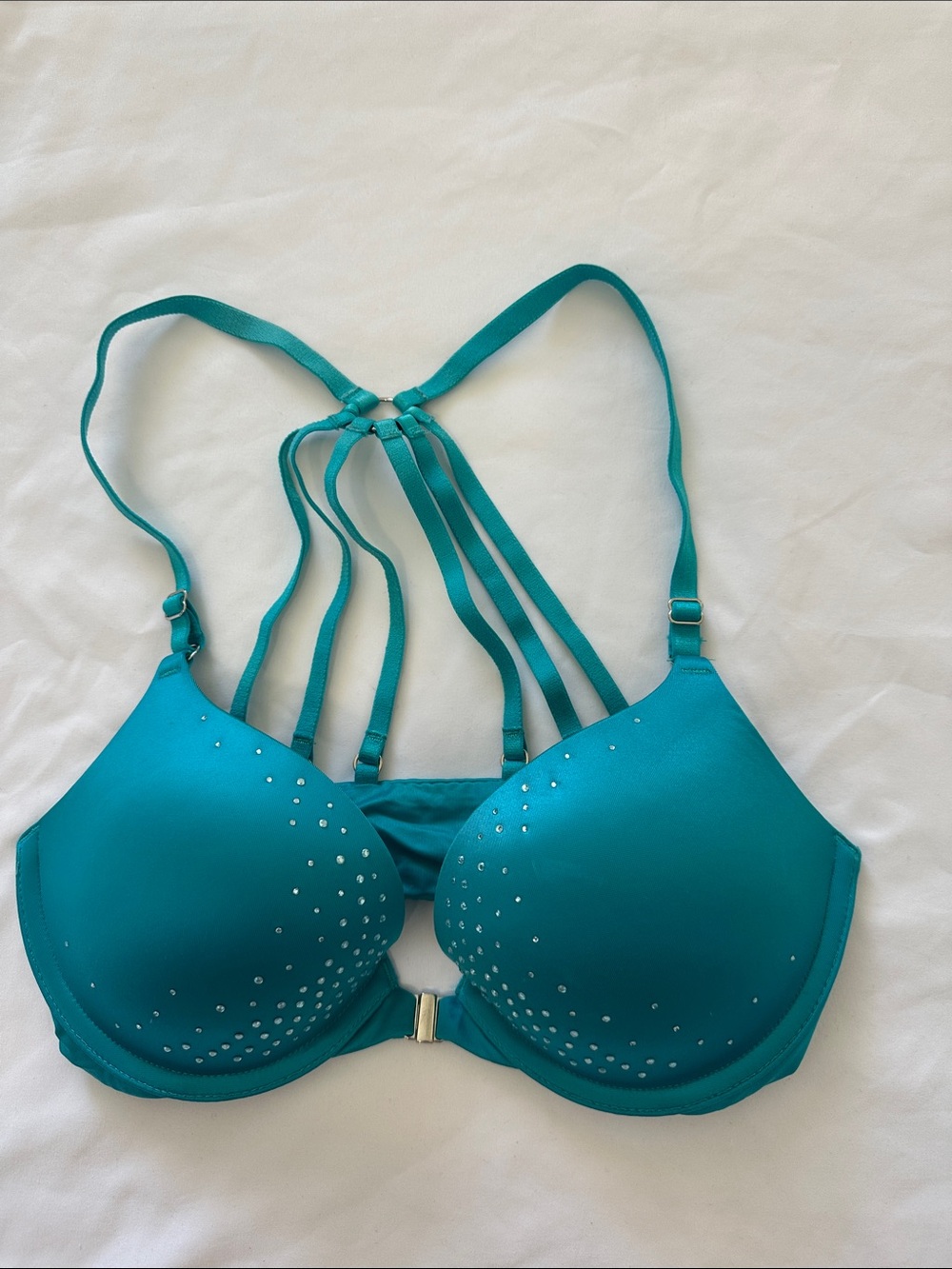 Victoria's Secret Teal Strappy Push-Up front closer Bra with Rhinestone sz 32C
